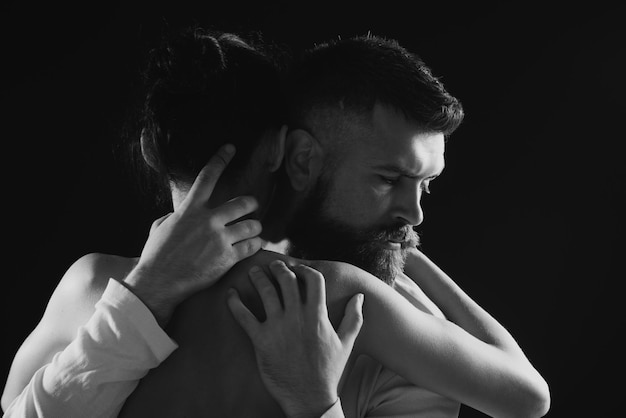 Connecting on a passionate level Sensual couple in love Couple of bearded man and sexy woman Family couple hugging with tenderness Erotic couple enjoying sexual experience copy space