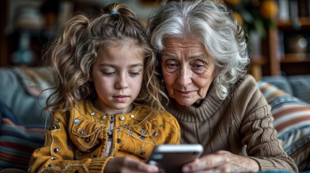 Connecting Through Technology Older Woman and Young Girl Enjoy Shared Screen Time