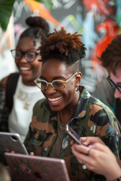 Photo connection among happy young individuals from various backgrounds each holding a phone