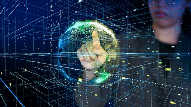 Connection Around Earth, someone points at the global abstract technology background 3d rendering