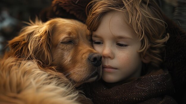 子どもとペットとのつながりは 毛深い動物のように 心を温める愛情の表れです