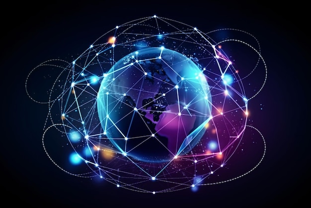 Connection circles around the Earth's surface logistical concepts with lines and technology backdrop Internet social media travel or future