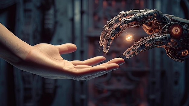 接続とコラボレーションのシンボル人間の手がロボットの手をつかむ