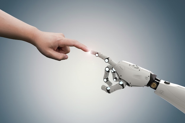 人間の指との接続コンセプトは、3Dレンダリングロボットの指に接続します