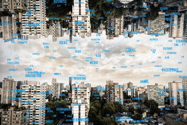 Foto punti di connessione su sfondo nero contro la città contro il cielo blu