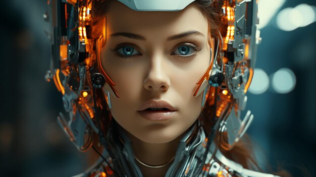 Connection of human woman and artificial intelligence robot The concep