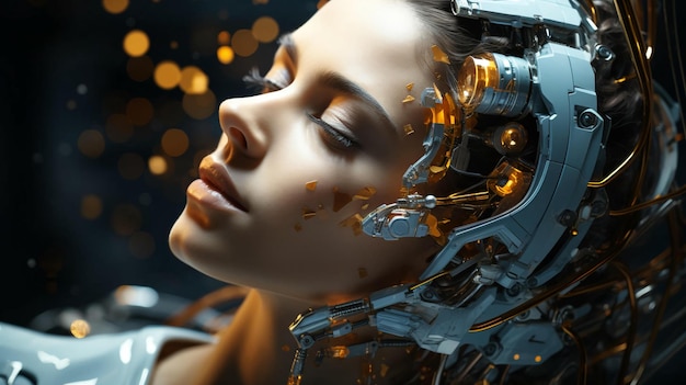 Connection of human woman and artificial intelligence robot The concept