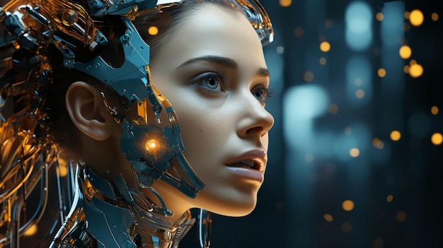 Connection of human woman and artificial intelligence robot The concept