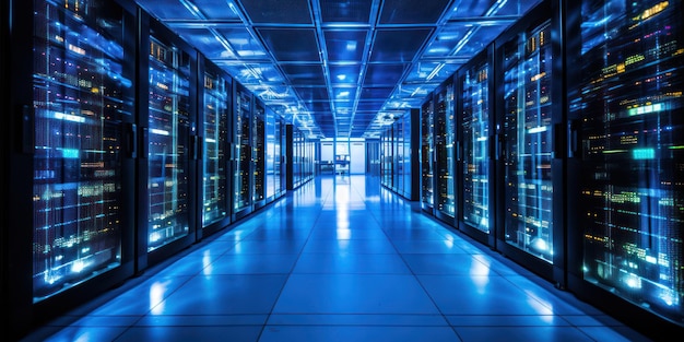 Foto connectiviteit in het digitale datacentrum een moderne netwerktoren in een beveiligde serverruimte