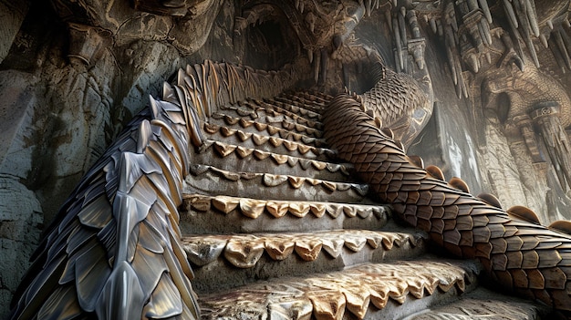 conquer the dragons scale ascent a staircase embellished with dragon patterns generative ai