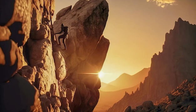 Conquering New Heights Man Climbing a Mountain at Sunset Outdoor Adventure Generative AI