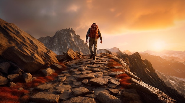 Foto alla conquista delle vette foto ispiratrice di un escursionista che affronta la sfida di un'escursione in montagna sfondo o sfondo dell'escursionismo ia generativa