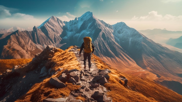 Conquering the Peaks Inspiring Photo of a Hiker Pushing Through the Challenge of a Mountain Hike Hiking Background or wallpaper Generative AI