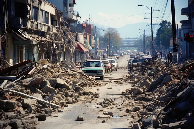 Consequences of seismic activity are visible, revealing collapsed buildings, cracked infrastructure, and debris scattered across the landscape. The photograph conveys a sense of both awe and destructi