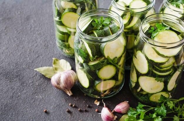 Conservation zucchini in glass jars. 