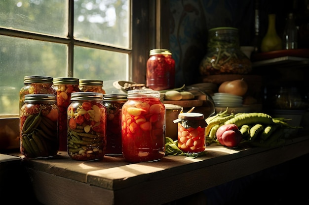 conserven en fermentatie van groenten ingelegde komkommers en tomaten in potten in een heldere keuken bij het raam