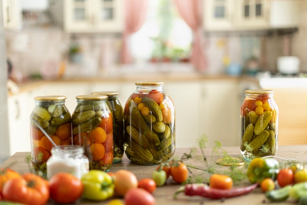 Conservering van tomaten en komkommers, de oogst wordt gezouten in potten