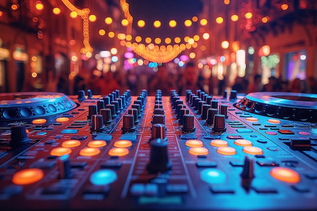 console DJ mixer in night club in booth at party against background of people dancing under spotlights