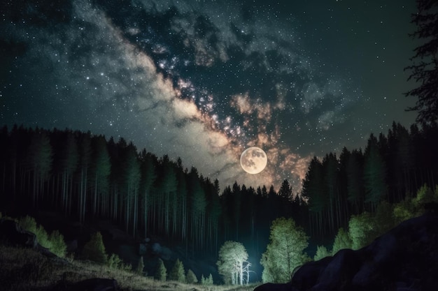 제너레이티브 AI 기술을 사용해 만든 밤하늘의 별자리 별과 은하수, 보름달