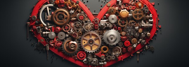 Construct a heart shape using various tech gear symbols such as gears screws and bolts to create an industrial and mechanical fee