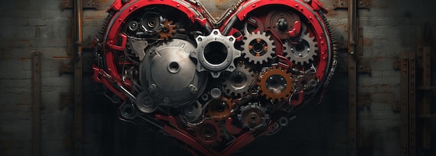 Construct a heart shape using various tech gear symbols such as gears screws and bolts to create an industrial and mechanical fee