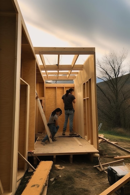 Constructie van een klein huis of een houten hut generatief ai-beeld