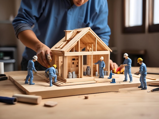 Constructing a house based on blueprints involving construction workers a building project