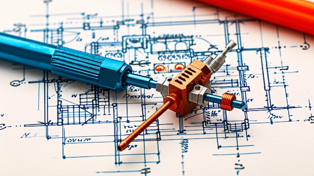 Photo construction blueprint drawing engineering plan with tools and equipment for building project