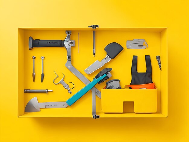 Construction building site worker tools and equipment with the yellow background