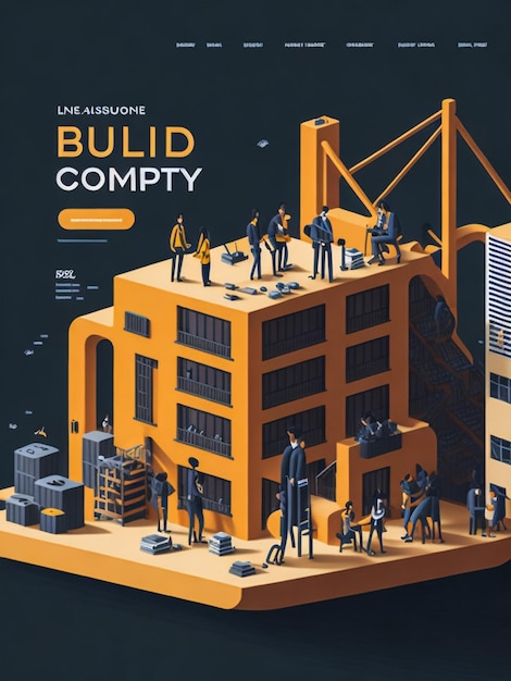 Construction company landing page template Isometric Illustration of construction of the city Towe