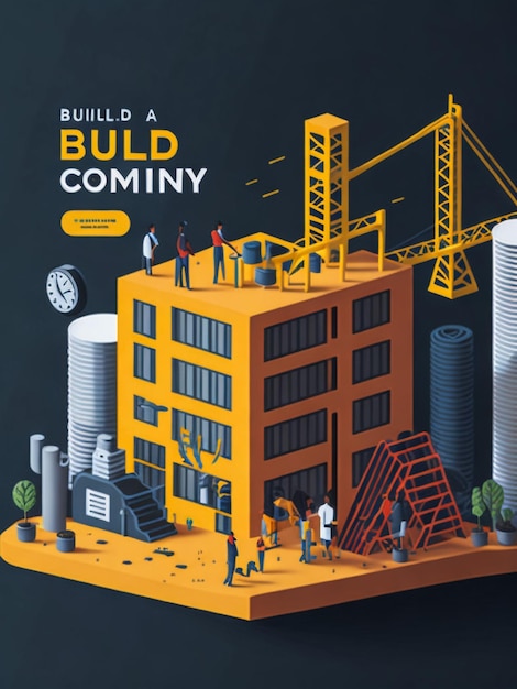 Construction company landing page template Isometric Illustration of construction of the city Towe