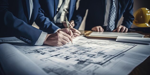 construction company leaders look at documents in a workroom in the style of architectural blu