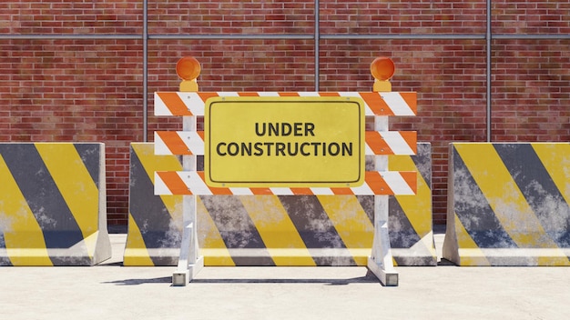 Under construction concept barricades with sign 3d rendering