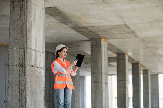 Construction concept of Engineer or Architect working at Construction Site. A woman with a tablet at a construction site. Bureau of Architecture.