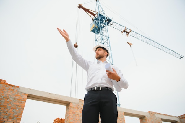 Construction concept of Engineer working at Construction Site with blue print