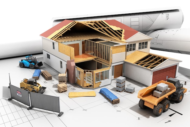 건축 과정에 있는 집의 건설 개념 3차원 이미지 3d 렌더링