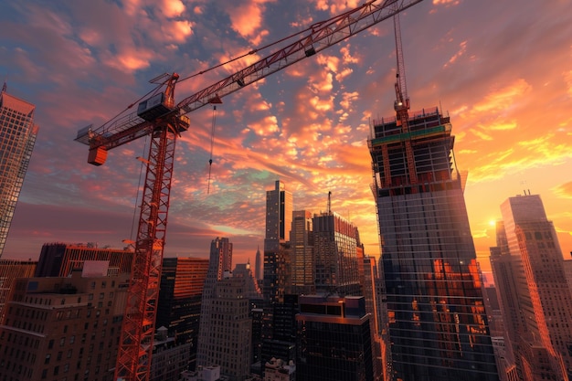 Construction crane and skyscraper at sunset