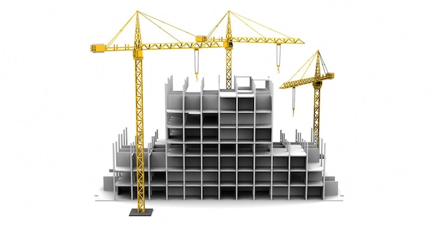 높은 건물 3D 렌더링의 흰색 배경에 건설 크레인