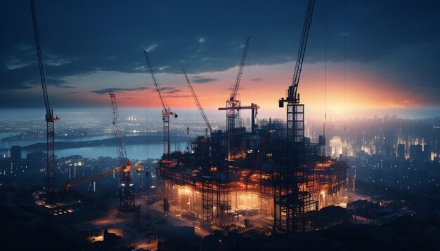 construction cranes are on a building with a city in the background generative ai