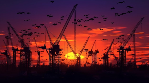 construction cranes silhouette sunset Generative Ai Generative