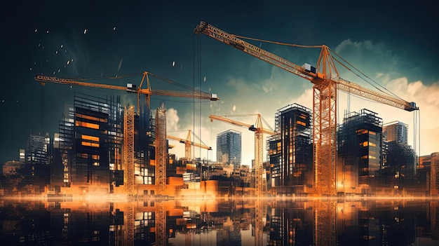 construction cranes and towers in city in the style of dark cyan and light amber