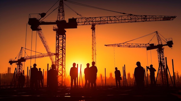 Construction cranes and workers silhouettes in orange sky sunset Generative AI