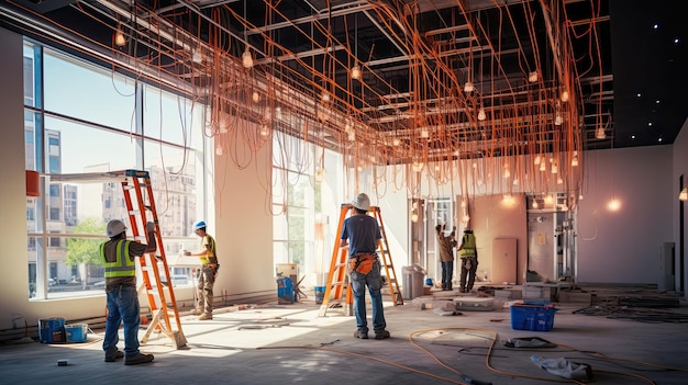 Construction crew meticulously installing a network of electrical wiring their synchronized efforts weaving a complex web that powers Generated by AI