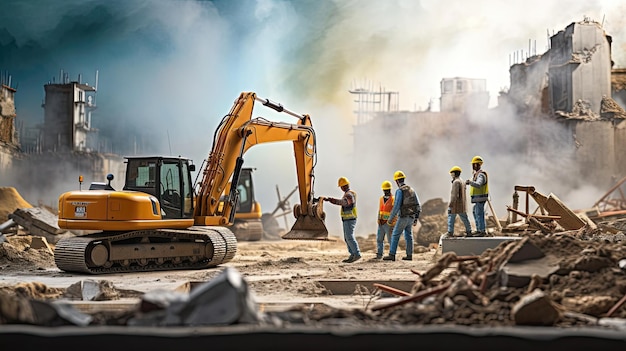 Construction crew operating heavy machinery at a building site their synchronized efforts shaping the landscape and transforming raw materials into a future structure Generated by AI