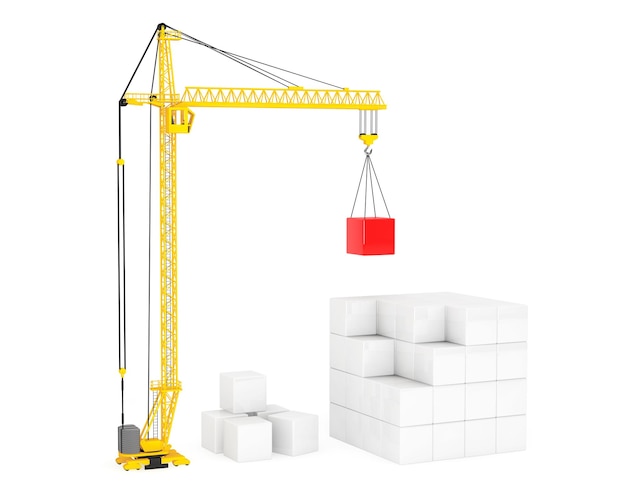 Photo construction of cubes by yellow tower crane on a white background