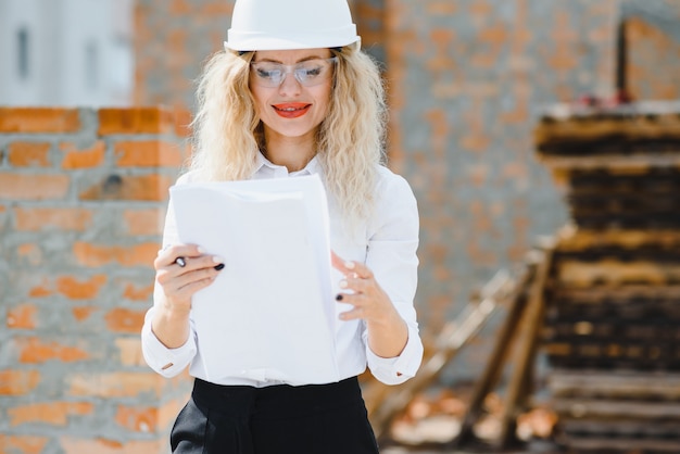 Construction engineer. Girl with construction documentation. A woman in a white hard hat against the roof of a building. Construction of a new house.