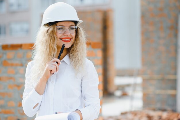 Photo construction engineer. girl with construction documentation