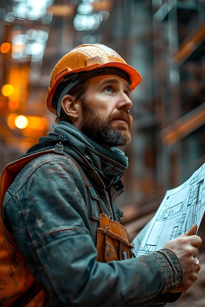 construction engineer in a hard hat and an orange vest Builder with drawings vertical orientation