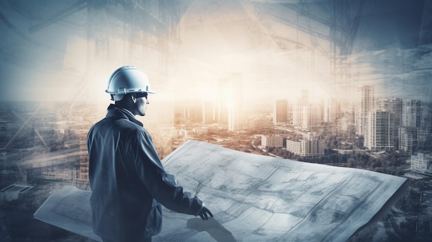 Construction engineer holding plan in double exposure above blue city and construction site