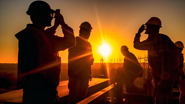 A construction engineer in silhouette guiding and motivating a worker team during sunrise